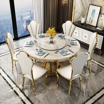 Светлый роскошный мраморный обеденный стол и стул в сочетании с современным простым поворотным столом round table family small household rock p