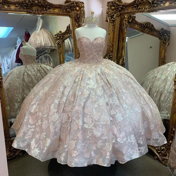 Сексуальное бальное платье для влюбленных, расшитое бисером пышное платье, корсетные платья принцессы, аппликации, кружево с открытыми плечами, Vestidos De 15 Años