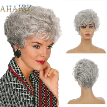 Серый парик омбре для женщин, пушистый парик для вечеринок, натуральные синтетические волосы, модный парик с челкой из термостойкого волокна