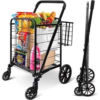 Складная продуктовая тележка SereneLife для покупок в супермаркете с вращающимися на 360 градусов колесами, весом 110 фунтов.