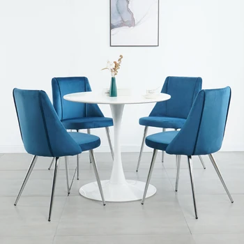 Современный простой бархатный синий обеденный стул, стул для домашней спальни, туалетный стул со спинкой, студенческий письменный стул, хромированные металлические ножки (набор из 4)