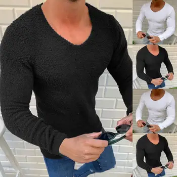 Стильная мужская рубашка из флиса, теплая, без усадки, тонкая осенняя базовая рубашка, мужской топ с V-образным вырезом