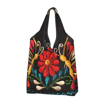 Сумка для покупок с мексиканскими бабочками и цветочным узором в стиле Каваи, портативная сумка для покупок, художественная сумка с вышивкой Otomi на плечо