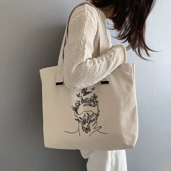 Сумка для покупок Эстетическая Линия Графическая Сумка-Тоут Harajuku Shopper Bag Женская Холщовая Сумка Через плечо Женская Ulzzang Funny Eco Большой емкости
