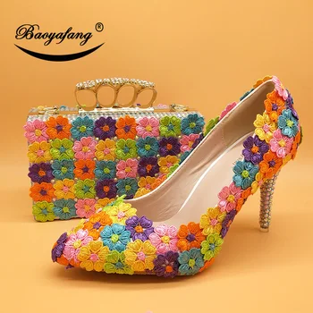 Туфли на высоком каблуке с острым носком, подходящие сумки, туфли для невесты и сумочка с разноцветными цветами для женщин-лодочек