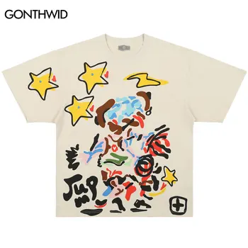 Хип-Хоп Панк Уличная Одежда Y2K Футболка Harajuku Graffiti Star Графический Принт Свободная Футболка 2023 Модная Мужская Повседневная Футболка Оверсайз
