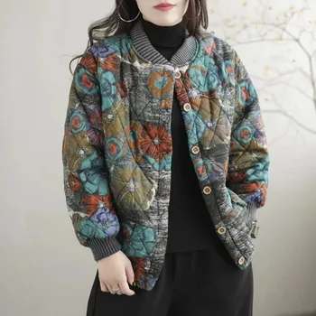 Хлопковое пальто с принтом, женская осенне-зимняя куртка, Теплая однобортная парка с длинным рукавом, Корейское пальто с хлопковой подкладкой и свободным воротником-стойкой