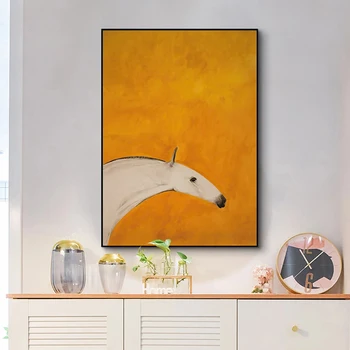 Абстрактный плакат с белой лошадью, Скандинавская Желтая картина на холсте, Настенное искусство, Эстетическая картина для гостиной, современный домашний декор