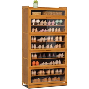 Большой шкаф для хранения обуви с акриловыми дверцами, 9-Ярусный Бамбуковый Отдельно Стоящий шкаф для прихожей, гостиной, Коричневый, для дома, для обуви без груза