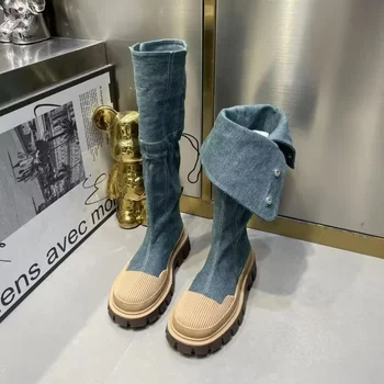 Джинсовые женские ботинки на массивной платформе 2024, осенние ковбойские сапоги в стиле пэчворк в западном стиле, женские ботинки на толстом каблуке до середины икры