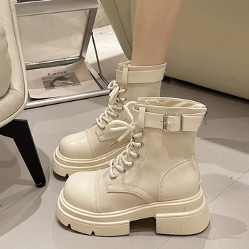 Женские ботинки 2023 года, Модный тренд высокого класса, Короткие ботинки в британском стиле с пряжкой на толстой подошве и шнуровке, Zapatillas De Mujer