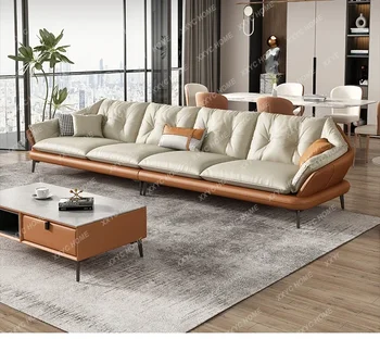 Кожаный диван Итальянский минимализм Первый слой воловьей кожи Современная гостиная Кожаный угловой диван