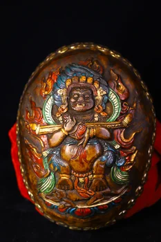 Коллекция Тибетского храма 7 дюймов Старая Габала Тибетское серебро Позолоченный череп Голова Махакала Габала Чаша сокровищ Чаша Таунхаус
