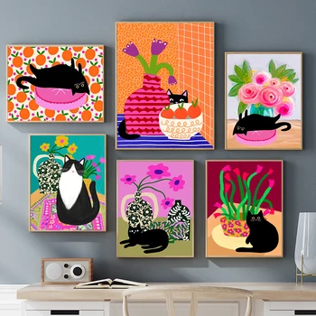 Модный цветок, Черная кошка, Красочный Абстрактный Декор для детской комнаты, Розовые розы, картина на холсте, плакат, печать, ковер, Настенное искусство, картина