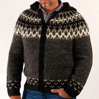 Мужская куртка-свитер Осенне-зимняя жаккардовая куртка с капюшоном и длинными рукавами, повседневный кардиган на молнии, модное популярное пальто в стиле ретро для мужчин