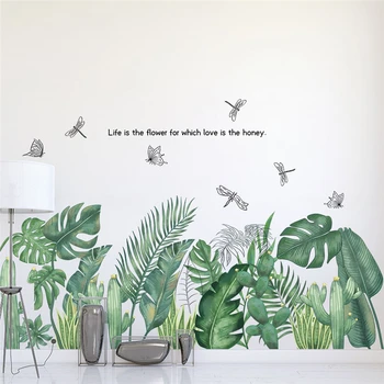 Наклейки на стену с зеленым листом, бабочкой и стрекозой для магазина, офиса, украшения дома, росписи тропических растений, наклейки из ПВХ, пасторальный плакат