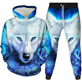 Осень-зима, толстовка с 3D цифровой печатью Wolf, Брендовый мужской Женский пуловер, Спортивная одежда, Брюки, повседневный свитер, костюм-двойка