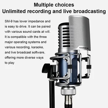 Профессиональный записывающий микрофон Однонаправленный конденсаторный микрофон SM-9 Металлический с широким частотным диапазоном с лобовым стеклом