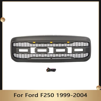 Решетка из сотовой сетки ABS Подходит для Ford F250 1999-2004 Передняя решетка в стиле Raptor с 3 желтыми светодиодными лампочками и буквами Гоночные решетки