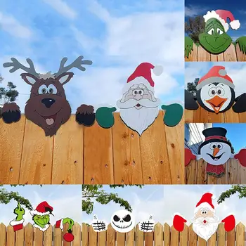 Рождественский Деревянный забор Санта-Клауса, искусство заглядывания во двор, Забавное панно для подглядывания в сад, Праздничный Санта-Лось, Рождественский декор наружного забора