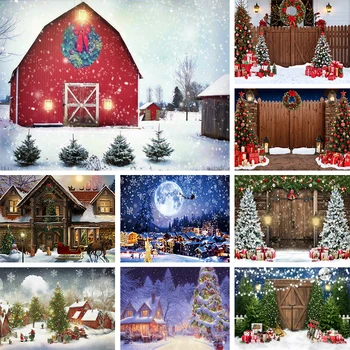 Рождественский фон для фотосъемки, Рождественская деревня, Деревянные двери, деревья, фотофон, Зимний фермерский сарай, снежные декорации 2023 года