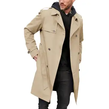 Элегантная мужская ветровка, стильное мужское двубортное длинное пальто, приталенная ветровка с лацканами и карманами на поясе для осени /зимы